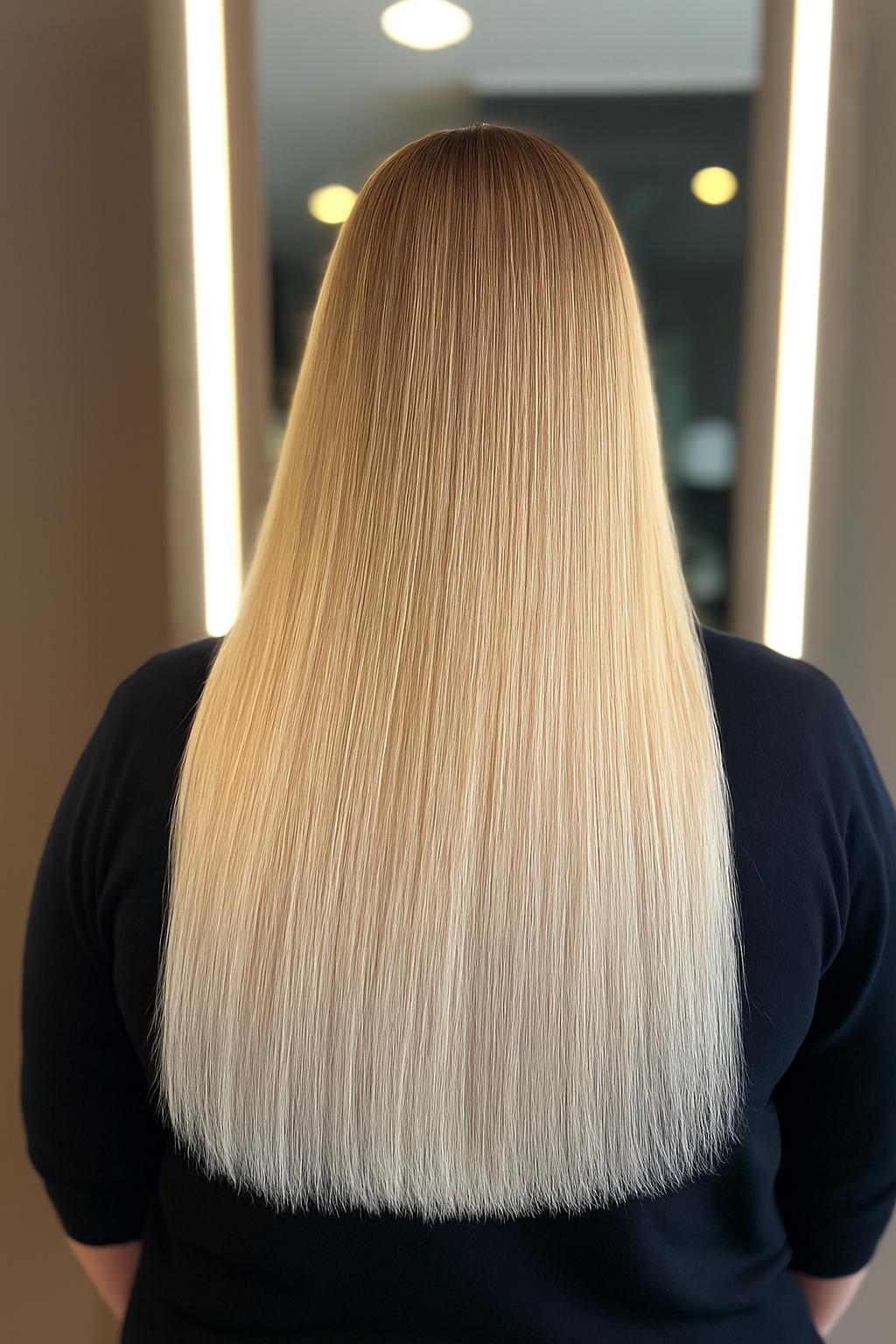 Lange, glatte Blond-Balayage von hinten im Salon