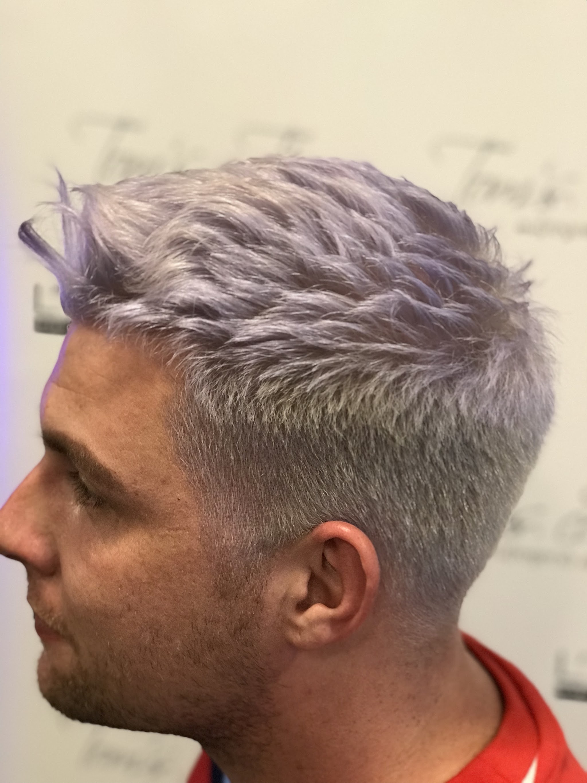 Herren-Kurzhaarschnitt in Silber-Flieder mit Fade