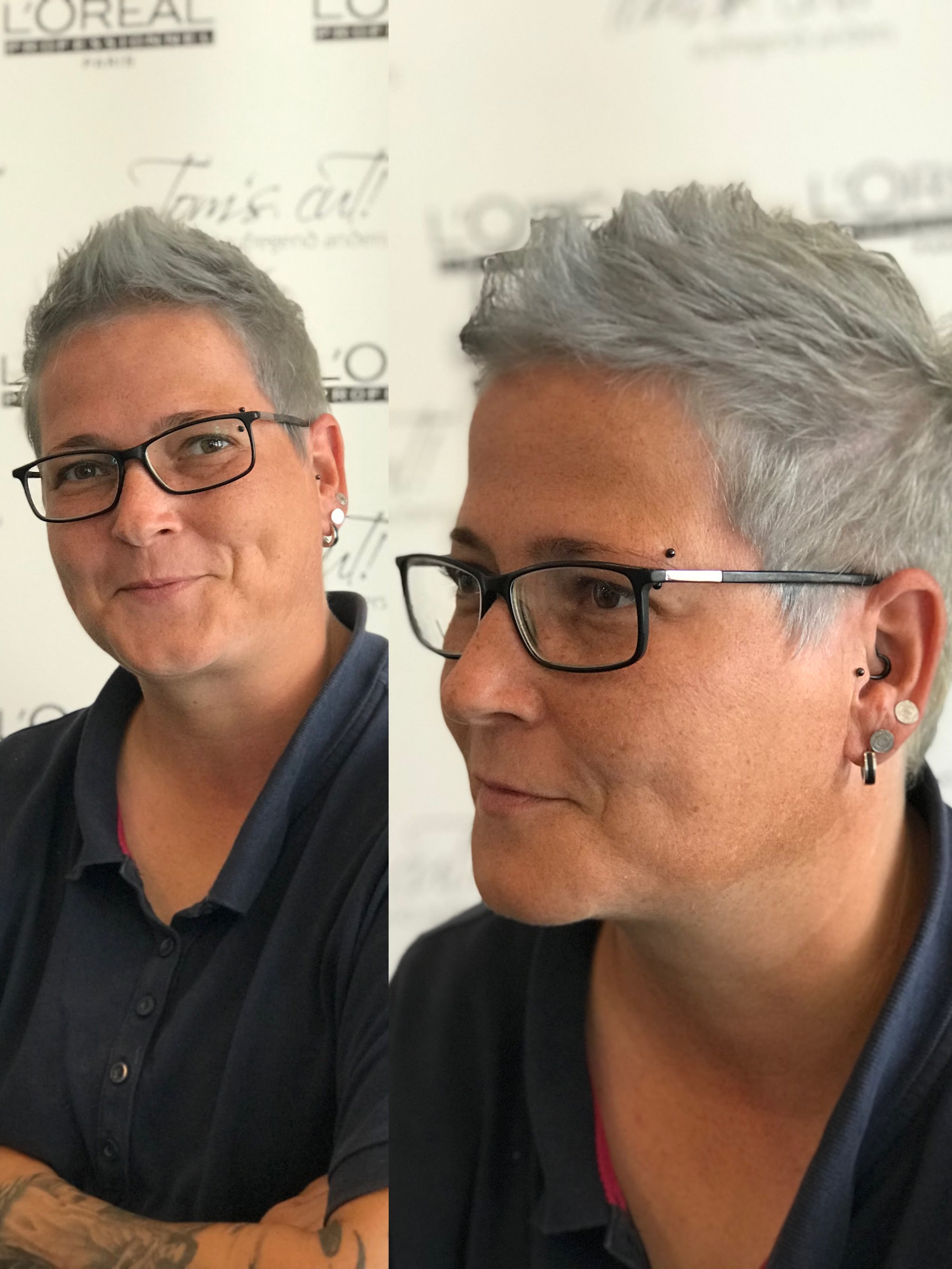 Silbergrauer Pixie-Cut, Front- und Seitenansicht im Salon Tom's cuT!